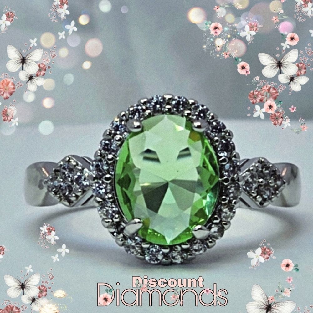 Peridot Cocktail Ring Wrapped with Clear White Zircon 14K White Gold 925 Silver